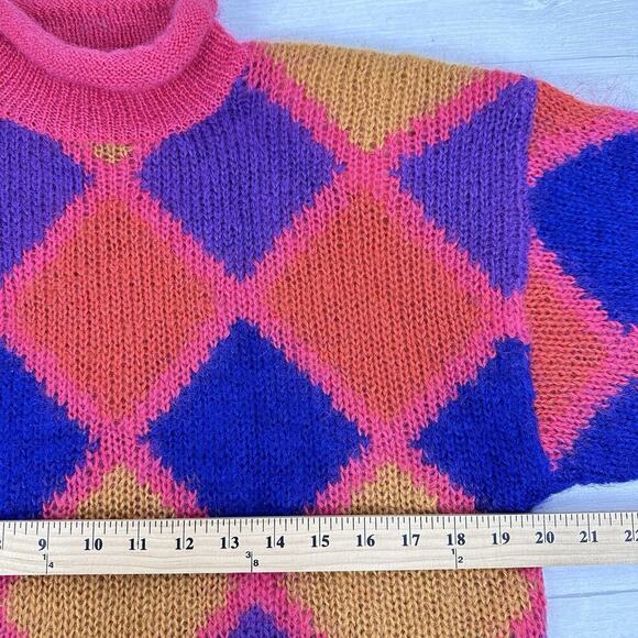 Vintage Rolled Neck Sweater Women M Mohair Blend Whimsical Diamond Oversized Y2K - Picture 9 of 12